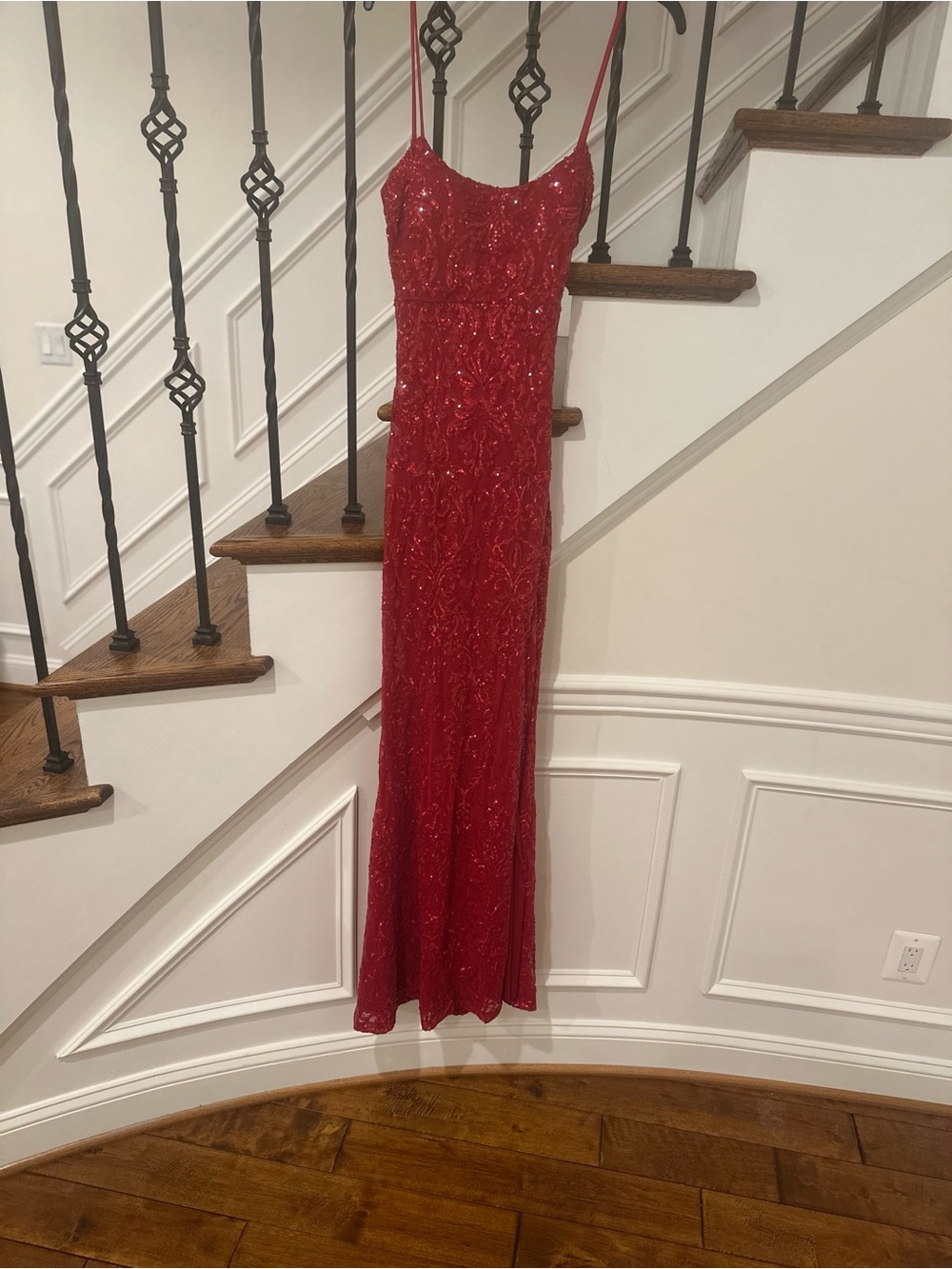 Windsor Scarlet Beaded Spaghetti-Strap Prom Gown